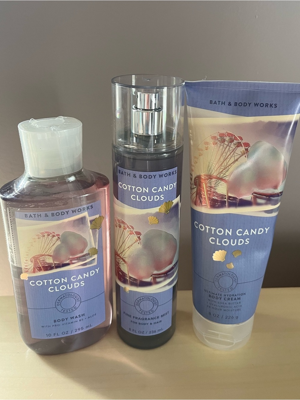 Bath & Body Works Cotton Candy Clouds Body Wash, Fragrance Mist & Body Cream Set